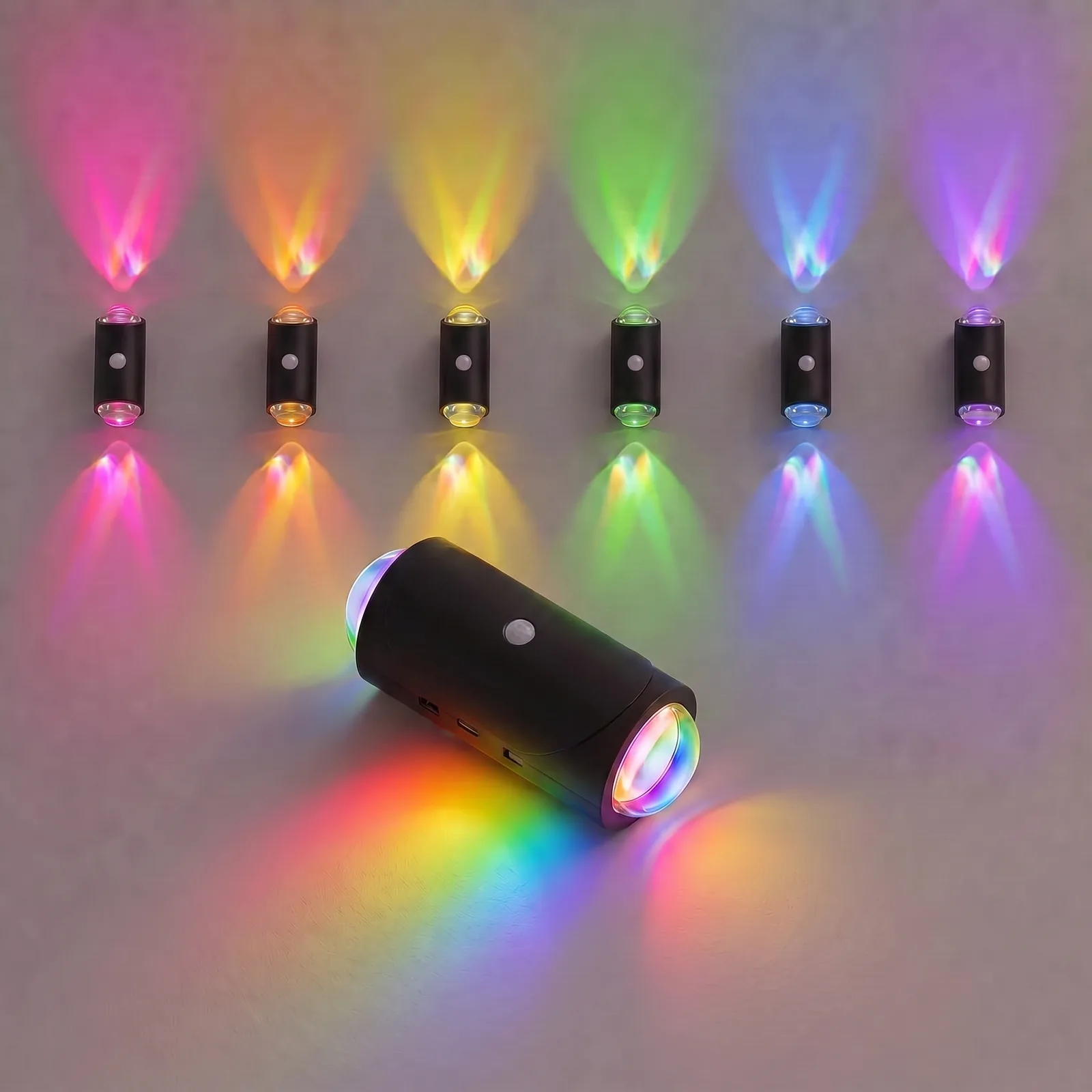 ZSYZDL matte black magnetic RGB motion sensor night light glowing with dual-side rainbow projection on a wall
