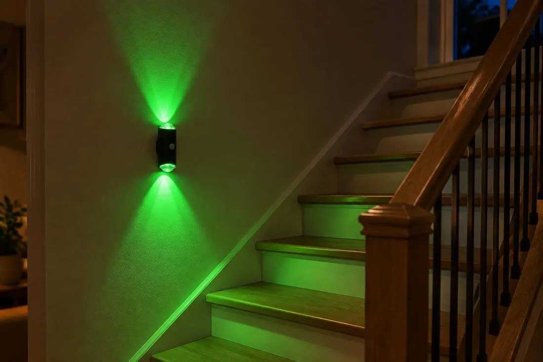 Motion sensor night light glowing in a dark hallway helping seniors navigate safely at night