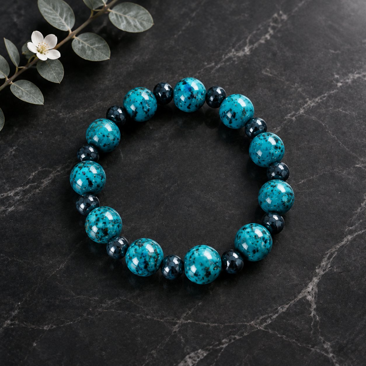 Peacock Hour — speckled peacock blue round ceramic beaded bracelet on black marble