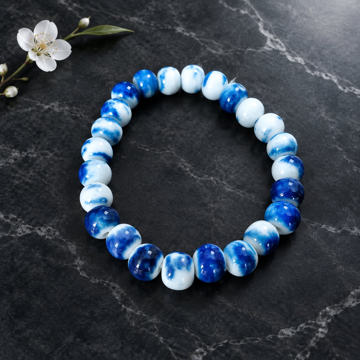 ZSYZDL STUDIO handmade blue and white porcelain ceramic bracelet on black marble