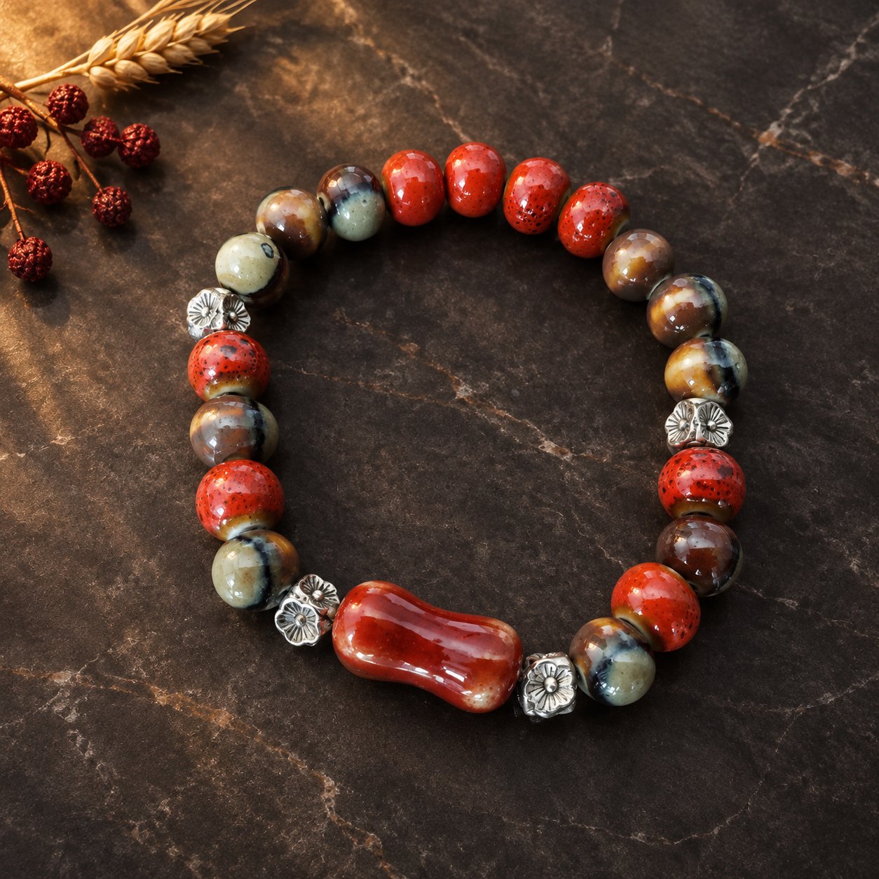 Ember Season — red brown kiln glaze ceramic bracelet with silver flower spacers on black marble