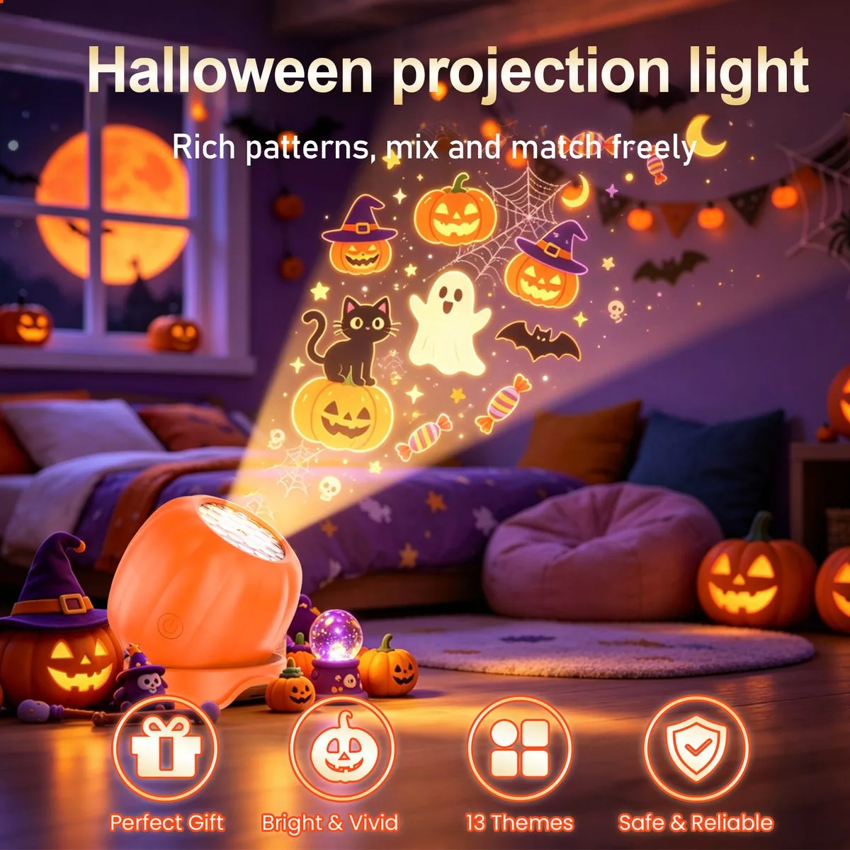 Pumpkin projection light casting a jack-o-lantern glow - Halloween night light safety guide