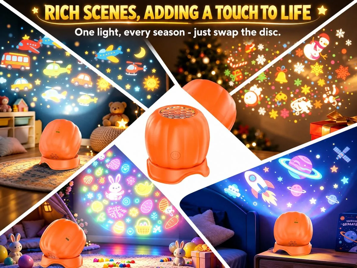 Pumpkin projection light used across a living room, bedroom and hallway