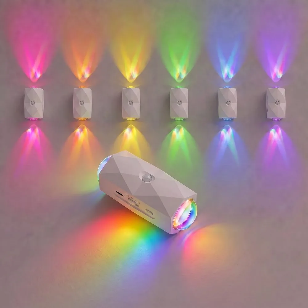 ZSYZDL white motion sensor wall lamp projecting seven colorful RGB beams on a wall, lighting both up and down